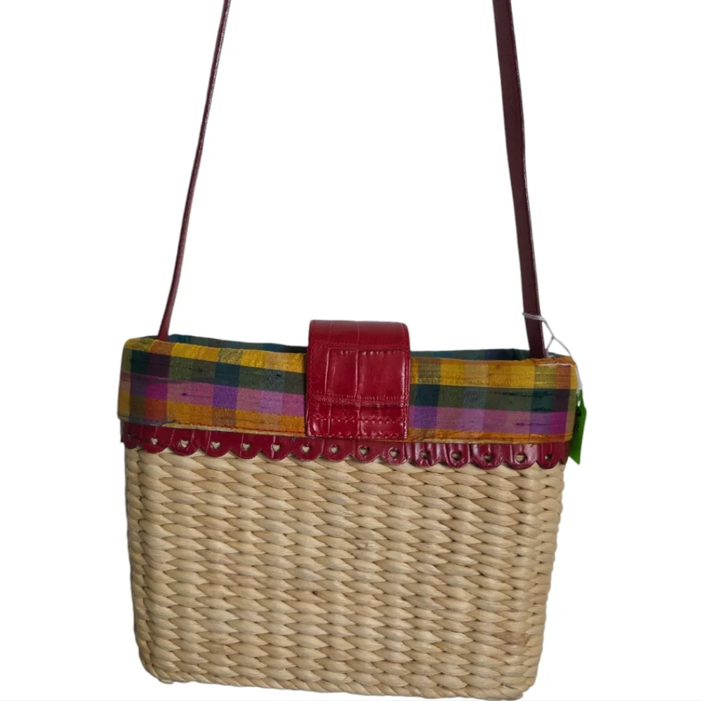Brighton Straw Weave Madras Print Red Leather Trim Basket Bag With Heart Accents